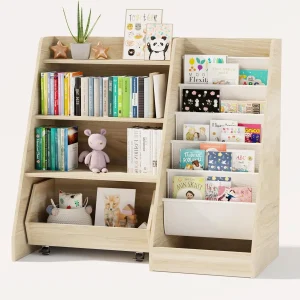 4-Tier Kids Bookshelf with Movable Drawer & 5 Pockets,