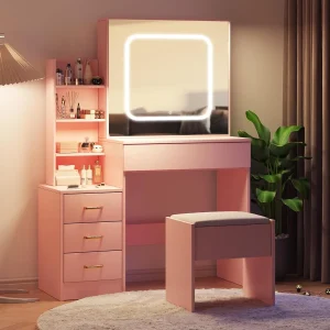 Vanity Desk with Mirror and Led Lights, Dressing Table Storage for Bedroom