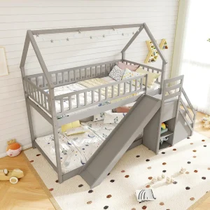 House Bunk Bed Twin Over Twin with Slide & Stairs, Storage Shelves, No Box Spring Needed,
