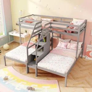 Triple Bunk Beds with 4-Step Storage Stair,