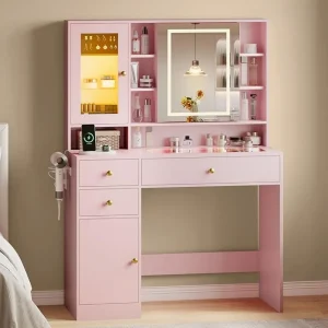 Vanity Desk with Mirror and Lights, Jewelry Organizers, Makeup,