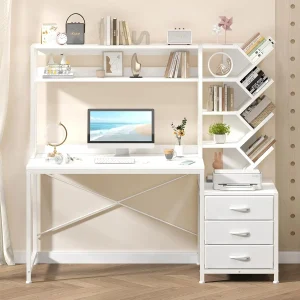 52'' Reversible Computer Desk with Hutch Drawers Bookshelf Storage